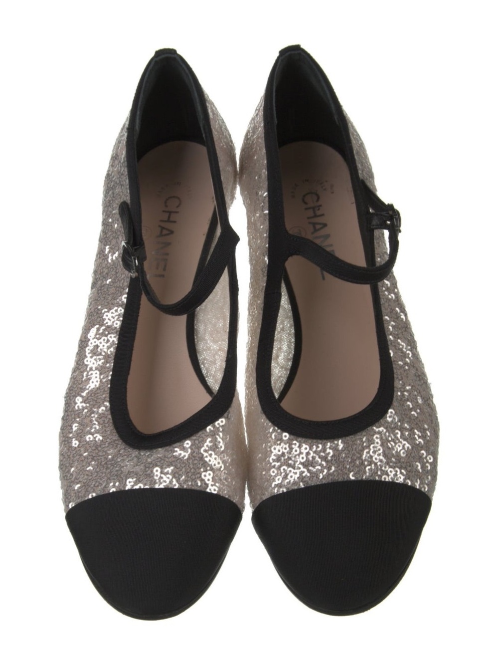 CHANEL Glittered Tulle Sequin Grosgrain Cap Toe CC Mary Jane Pumps 36.5 Light